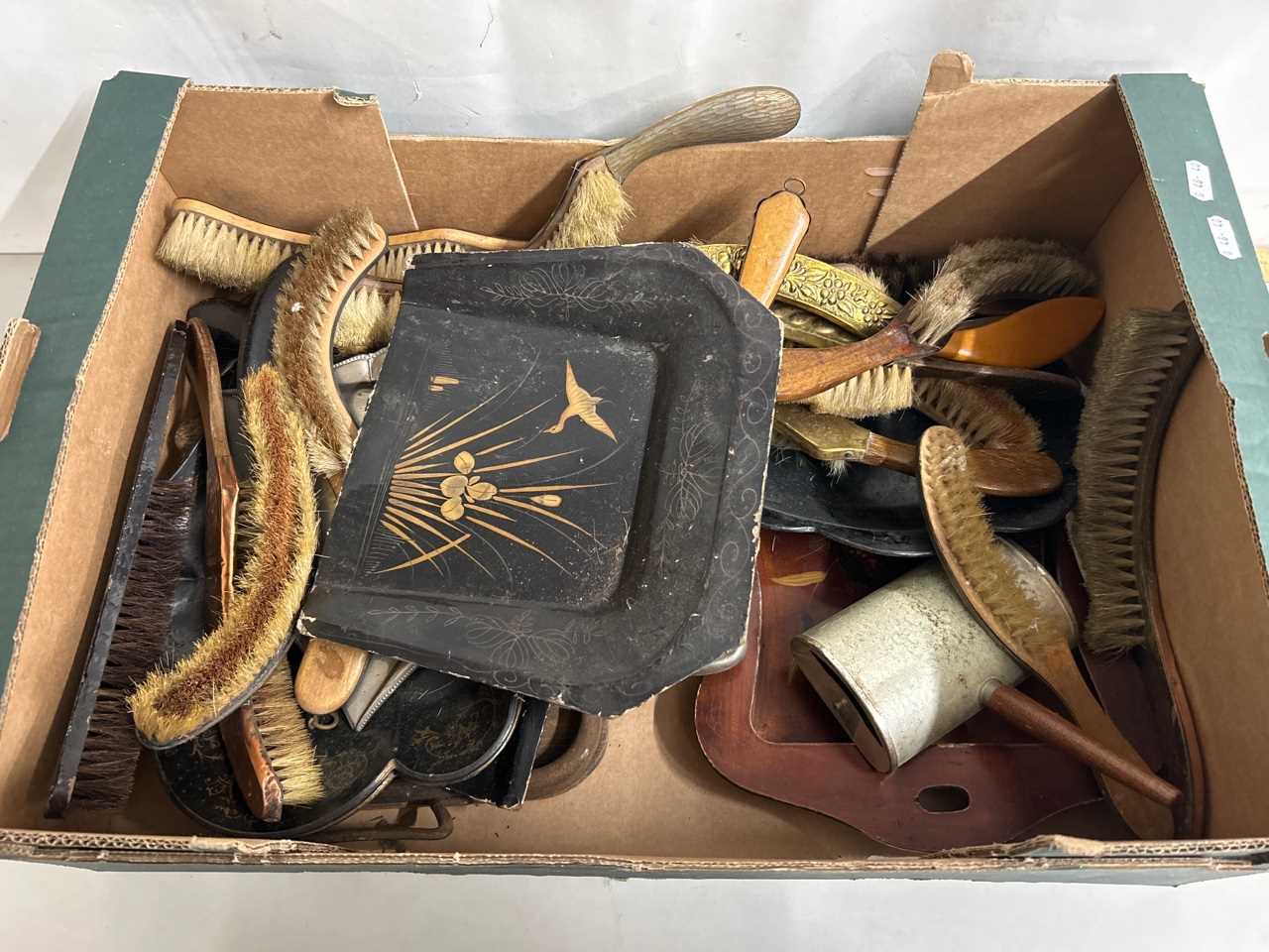 Box of various table brushes and trays