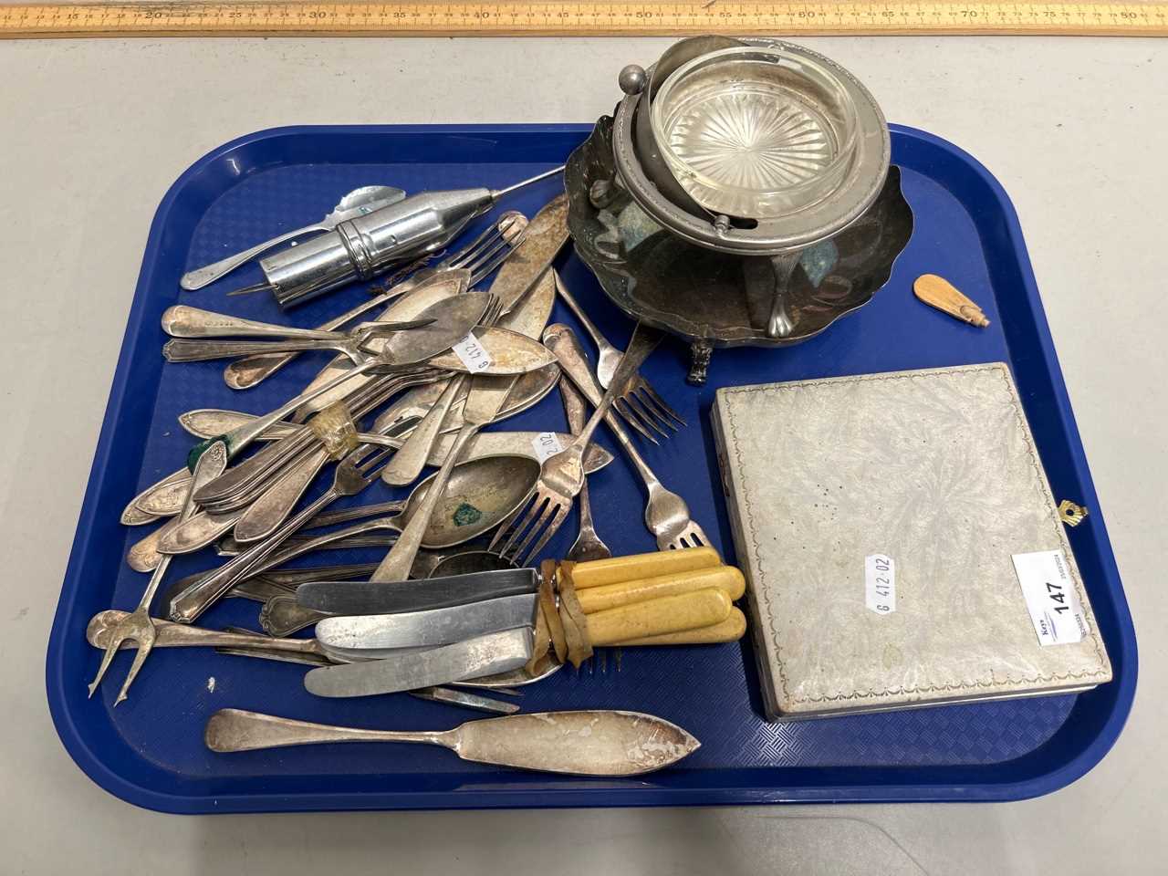 Tray of various assorted cutlery, silver plated wares etc