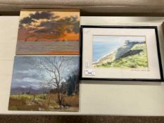 Mixed Lot: Watercolour study of West Runton together with two further oil on board studies, sea