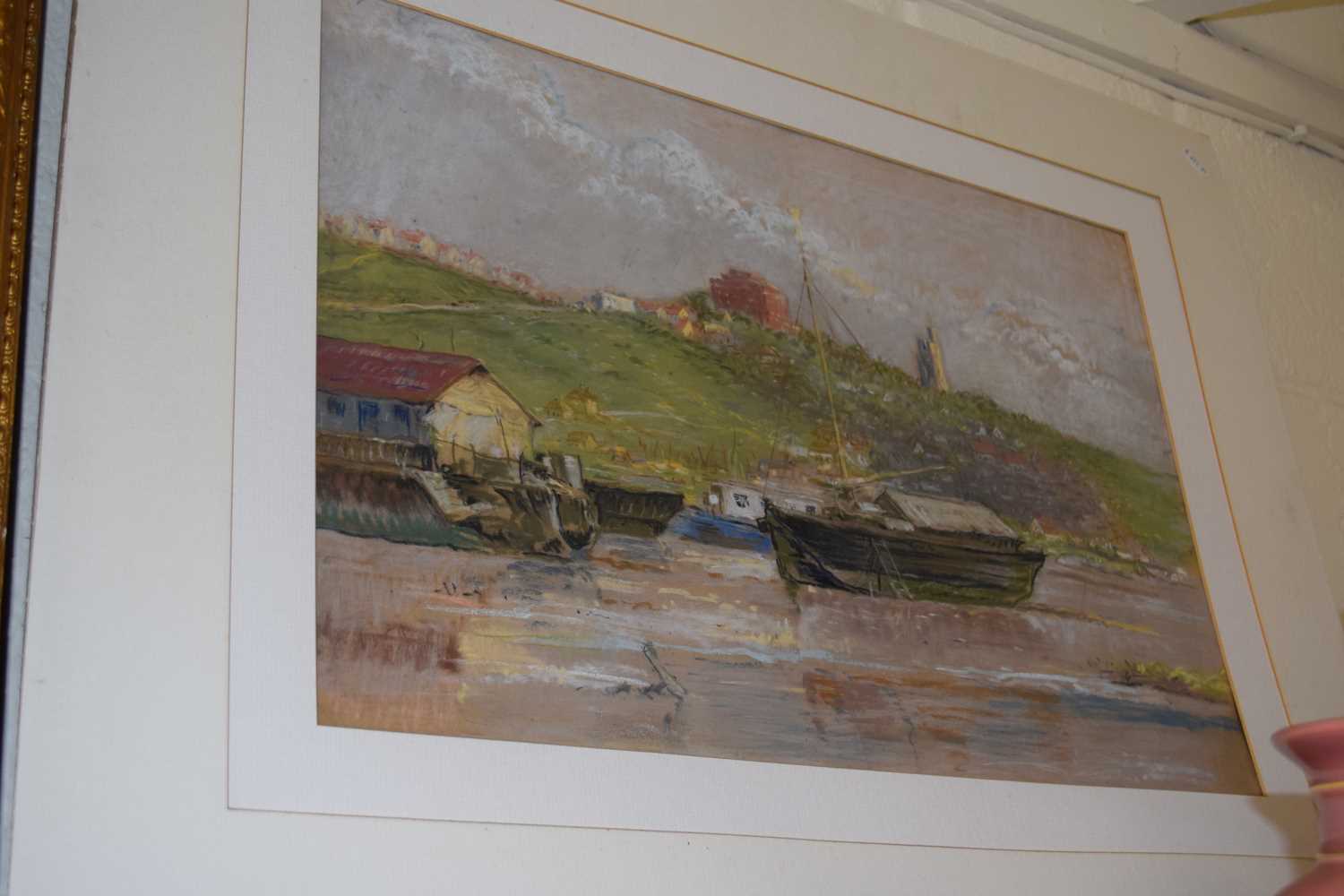 Boats on the shore, pastel on paper, unframed