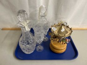 Mixed Lot: Modern mantel clock, decanter and glasses and a carousel figure