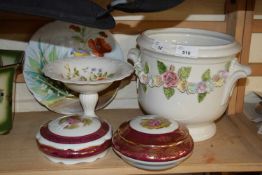 Mixed Lot: Floral encrusted jardiniere, covered dressing table boxes, Aynsley tazza etc