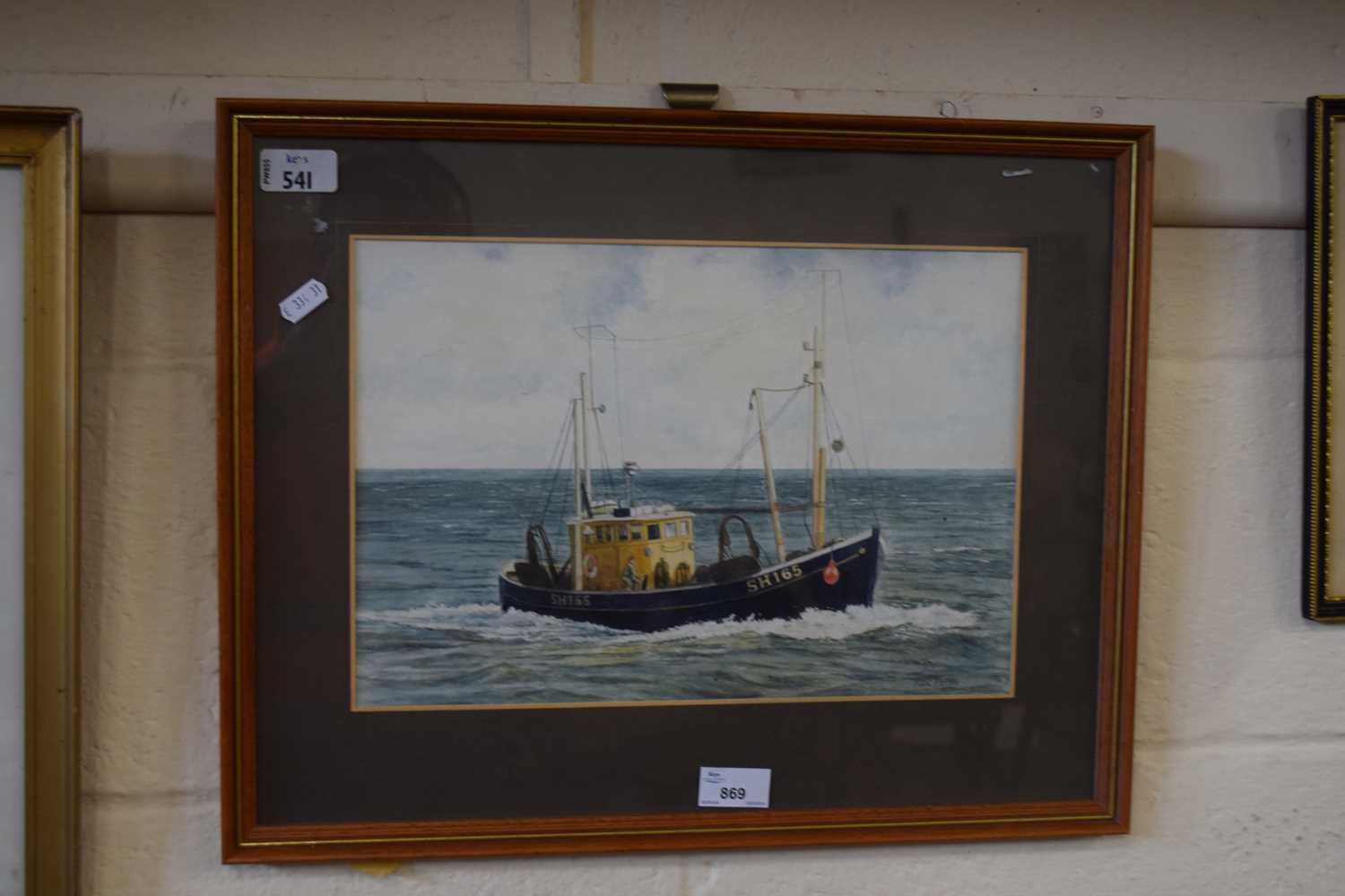 Fishing boat at sea by Ken Perry, watercolour, framed and glazed