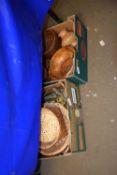 Two boxes of various wooden bowls, baskets etc