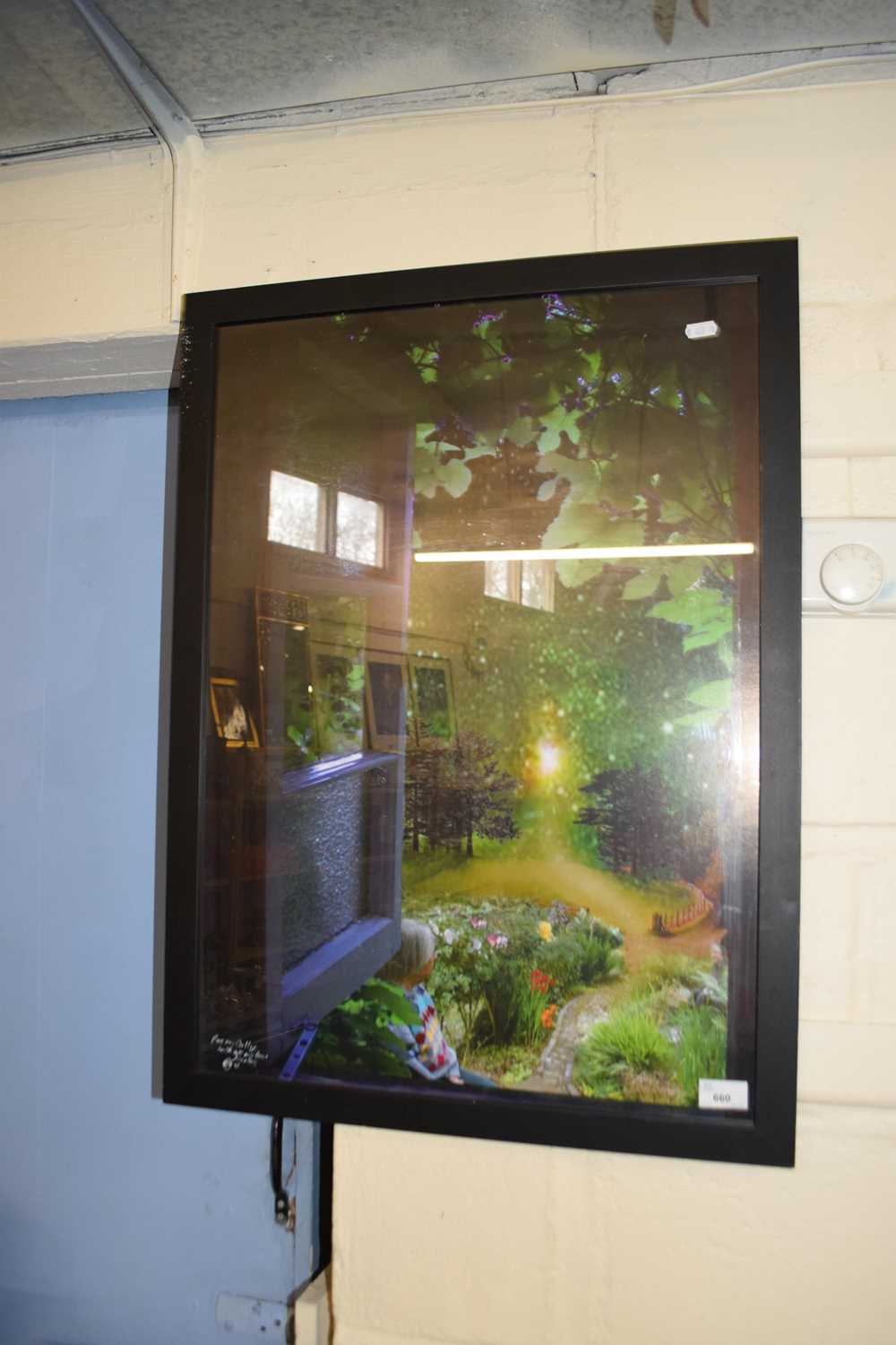 Composite photo view through a garden, framed and glazed