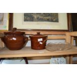 Stone ware dishes and covers together with a pressed glass tray