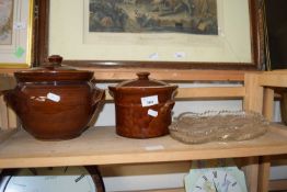 Stone ware dishes and covers together with a pressed glass tray