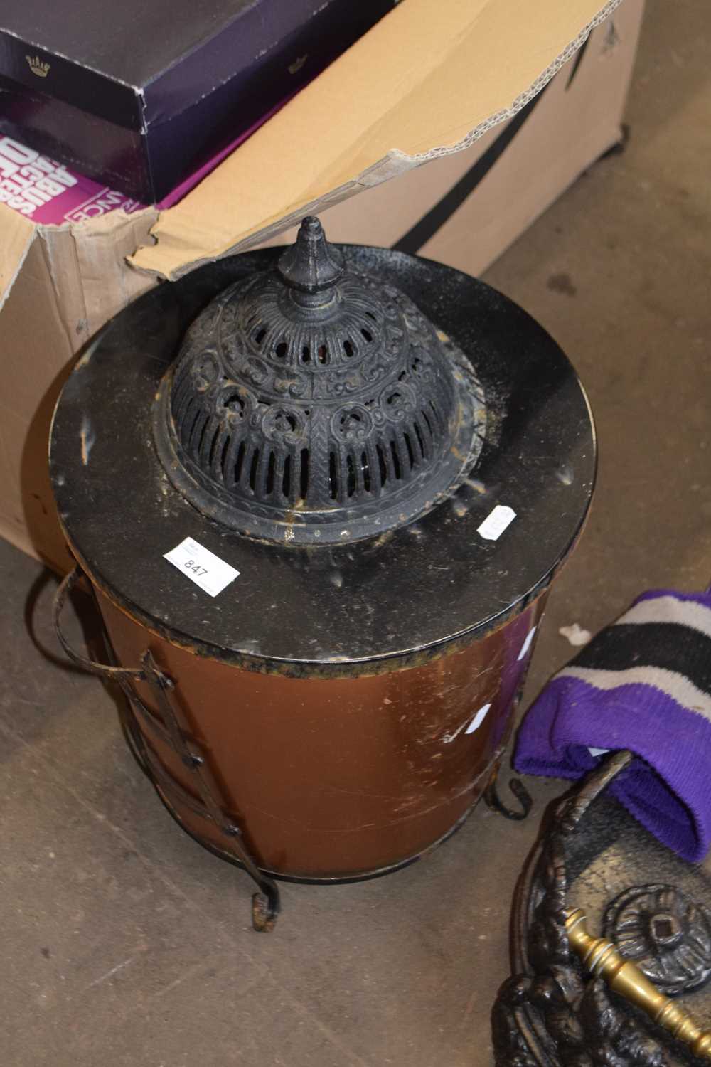 A copper coal bucket and assorted metal wares
