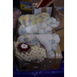 Box of various small crochet and knitted blankets