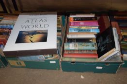 Two boxes of assorted hardback books to include The Times Comprehensive Atlas of the World, boxed