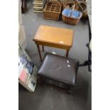 A pine side table and an upholstered footstool