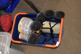 Mixed Lot: Candle stand, pair of drums, stone ware hot water bottle etc