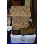 Set of four wicker storage boxes together with metal tins and other items