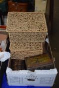 Set of four wicker storage boxes together with metal tins and other items