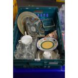 Box of various assorted ceramics, glass dressing table trays etc