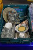 Box of various assorted ceramics, glass dressing table trays etc