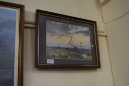 Geese in flight, reproduction print, framed and glazed
