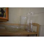 A pair of tall glass vases and other glass ware