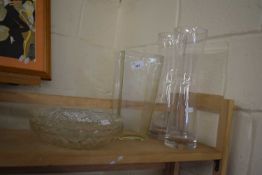 A pair of tall glass vases and other glass ware