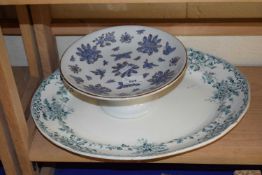 A Chinese blue and gilt decorated tazza and a serving plate (2)