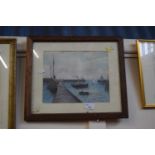 Boats in harbour, print dated 1937, framed and glazed