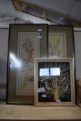 Two Chinese silk work panels, framed and another (3)