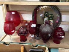 Quantity of red glass ware, metal tray and other items