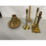 Mixed Lot: Brass Corinthian column table lamp, pair of brass barley twist candlesticks and other