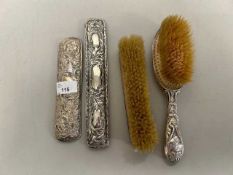 Mixed Lot: Silver backed dressing table brushes and tops for dressing table jars (4)