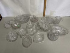 Collection of various pressed glass dishes, jug etc