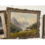 Lobbis, study of Alpine chalet, oil on canvas, set in a floral moulded frame