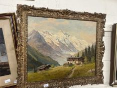 Lobbis, study of Alpine chalet, oil on canvas, set in a floral moulded frame