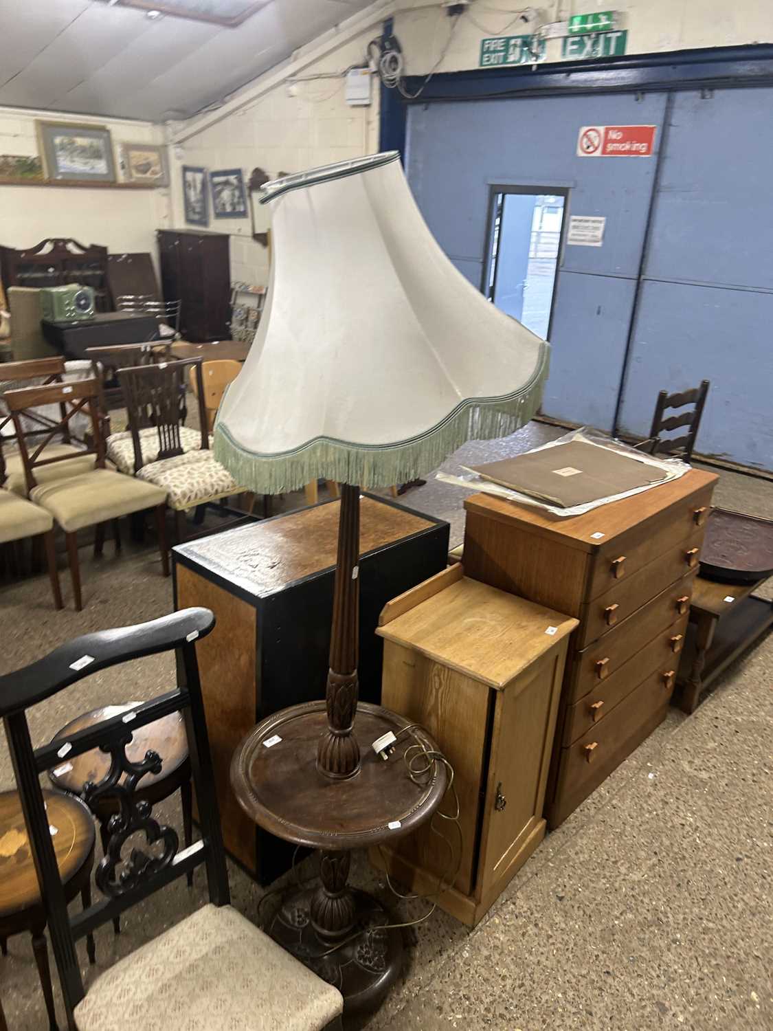 Early 20th Century hardwood framed standard lamp with central shelf and tassled shade