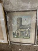 J Goddard, study of Haddiscoe Church, watercolour, framed, unglazed