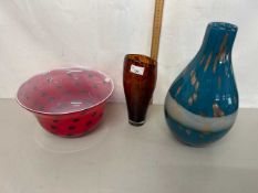 Mixed Lot: 20th Century Art Glass wares comprising an amber glass vase, a further blue and gold