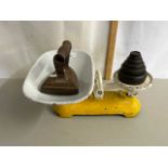 Vintage kitchen scales with weights together with a flat iron