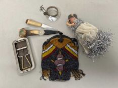 Mixed Lot: Various small knives, beaded evening bag, vintage doll etc