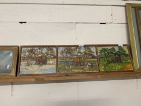 Geoffrey M.Vivis (British,1944-2005), Travellers wagon in three seasonal Triptych scenes, oil on