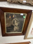 19th Century monochrome engraving, girl with puppy, set in a mahogany frame