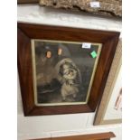 19th Century monochrome engraving, girl with puppy, set in a mahogany frame