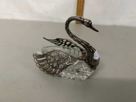 Cut glass and white metal mounted swan pin tray with moveable wings