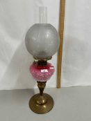 Early 20th Century oil lamp with pink glass font and frosted glass shade