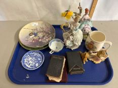 Tray of various mixed items to include porcelain figurines, miniature hymn and prayer books,