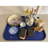 Tray of various mixed items to include porcelain figurines, miniature hymn and prayer books,