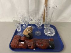 Tray of mixed items to include New Zealand Maori figure, various drinking glasses, fuschia etched