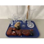 Tray of mixed items to include New Zealand Maori figure, various drinking glasses, fuschia etched