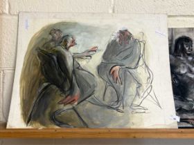 Momess, abstract study of seated figures, watercolour and crown on board