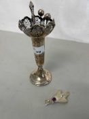 Birmingham hallmarked silver trumpet vase with loaded base and pierced rim together with a button