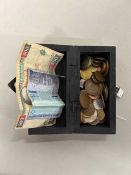 Box of various assorted coinage and bank notes