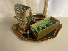 Mixed Lot: Silver plated soda syphon stand, napkin rings and other items